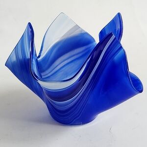 Handkerchief Art Glass Vase Votive Cobalt Ocean Blue White Swirl Signed …